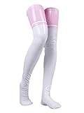 YiZYiF Damen Glanz Lack Leder Strümpfe Wetlook Halterlose Strümpfe Oberschenkel Latex Lange Socken Stockings Overknee Fetisch Dessous Rosa&Weiß Einheitsgröße