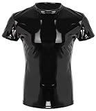 AIEOE Herren Lackleder T-Shirt Männer Latex Unterhemd Kurzarm Clubwear Wetlook Oberteil Schwarz A Herstellergröße 3XL/ EU Größe L