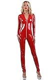 MISS NOIR Damen Vinyl Overall im Wetlook S-3XL mit 4-Wege-Reißverschluss Sexy Jumpsuit Catsuit Exklusives Clubwear, Rot (112VI-RD), S