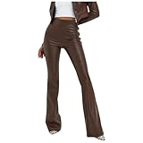 Generisch Damen-Hosen aus Kunstleder mit hoher Taille, einfarbig, PU, glänzende Schlaghose, schmale Passform, Schlaghose (Brown, M)