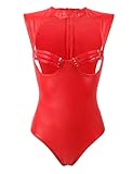ohmydear Damen Sexy Leder Dessous Erotik Brustfrei Bodys Wetlook PU-Leather Reizwäsche für Sex Reißverschluss Dessous Öffnbarer Schritt Unterwäsche Kunstleder Kostüme Rot