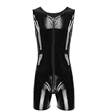 Cexiakong Herren Lack Latex Bodysuit Einteiler Body Kurz Overall Jumpsuit mit Zipper Ärmellos Unterwäsche Stretch Slim Fit Lackleder Ganzanzug Kunstleder Catsuit Dessous Clubwear Klassisch
