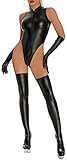 FEOYA Damen Wet Look Body Rückenfrei Bodysuit Frauen Zip Sexy Latex Lackleder Bodysuits High Cut Thong Ouvert Dessous Frauen Stringbody Reizwäsche + Strümpfe + Handschuhe Schwarz 5XL