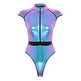 iEFiEL Damen Metallic Body Lackleder Bodysuit Catsuit Wetlook Jumpsuit Langarm/Kurzarm Turnanzug Ballettbody Trikotanzug Tanzkostüm T Blau M