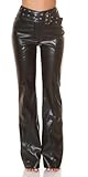 Koucla Damen Highwaist Kunstleder Hose Schlaghose Bootcut mit Deko Gürtel und Schnalle XL