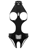 Freebily Damen Wetlook Body Brustfrei Latex Catsuit Kleid Ouvert Lackleder Bodysuit Nachtwäsche Pole Dance Nachtclub Outfit Schwarz M