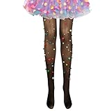 BOFUNX Damen Glitzer Candy Strumpfhose mit Strasssteinen 3D Bunte Pompons, Clown Strumpfhose Candy Kostüm Zubehör für Fasching Mottoparty Festival Party