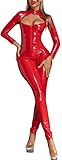 FEOYA Damen Wetlook Jumpsuit Hosenanzug Overall Slim Fit Catsuit Ouvert Body Leggings Reißverschluss Wetlook Bodysuit Dessous Nachtwäsche Langarm Einteiler Overall Playsuit Cosplay Clubwear D-Rot 3XL