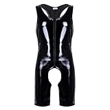 iEFiEL Herren Lackleder Overalls Wetlook Dessous Unterhemd Fitness Body Ouvert-Panties Trikot Bodysuit Ringershirt Schwarz Clubwear Schwarz XXL