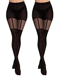 MELLIEX 2 Stück Strapsstrumpfhose für Damen, Schwarze Strumpfhose Overknee Optik, Strumpfhose Blickdicht für Damen 120/40 Denier