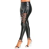 Generisch Damen Wetlook Leggings Kunstleder Stretch Netz Verstellbar Pants Motorrad Lang Hose mit Schnürung Party Clubwear Latex Hose Strumpfhose Lack Pantyhose Leggings Erotik Pants Clubwear
