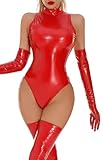FEOYA Leder Jumpsuit Damen Wetlook Body Nachtwäsche Leotard Kostüme Catsuit Slim Fit Dessous XS Rot