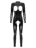 TiaoBug Damen Wetlook Bodysuit Ouvert Hose Latex Catsuit Lack Leder Overall Jumpsuit Langarm Top Hot Pants Dessous Gogo Clubwear Schwarz F S