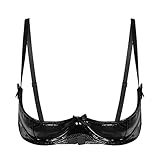 iEFiEL Damen Wetlook BH Lackleder Patchwork Büstenhalter büstenhebe Harness Bralette Einstellbar Strappy Cage Bra Cupless Lingerie Reizwäsche Schwarz Leder M