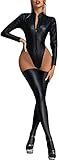 FEOYA Frauen Leder Dessous Set Sexy Bodysuit für Frauen Langarm Glänzender Wet Look Leder Bodysuit Reißverschluss Front Skinny Catsuits für Club Party Unterwäsche Clubwear Nachtwäsche F-Schwarz 3XL