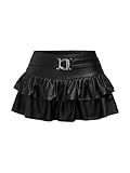 GORGLITTER Damen Rock PU Leder Minirock Drop Waist Sommerrock Kurzer Lederrock Rüschensaum Partyrock Sommer Festivalrock Mini Röcke mit Gürtel Schwarz M