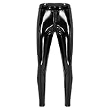 Herren-Leggings mit elastischer Taille und Reißverschluss im Schritt, nasse Passform, Lackleder, Schwarz, L