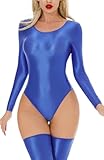 Panegy Damen Glänzender Metallic-Bodysuit mit langen Ärmeln, Einteiler, Ölglanz, Gymnastik-Tanzanzug, Blau, Größe M
