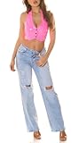 Latex Look Neckholder Crop Bauchfrei Top V-Neck Partytop mit Knöpfe M