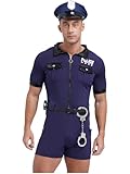 winying Männer Polizist Rollenspiel Sexy Sexy Kostüm Kurz Jumpsuit mit Hutgürtel Handschellen Zubehör Freche Uniform Halloween Verkleidung für Erwachsene Navy blau XL