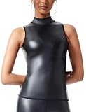 Ausing Oberteile Sexy Ärmellos Damen Latex T-Shirt mit Halb Kragen Tank Top Wetlook Clubwear Halloween Disco Bekleidungset Schwarz L