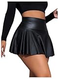 GORGLITTER Damen Skort Elastischer Bund Minirock PU Leder Clubröcke Kurze Röcke mit Rüschensaum Schwarz M
