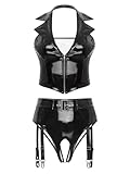 Freebily Damen Wetlook Dessous Set Lack Leder Weste Crop Top Ouvert G-String Strapse Slip Set Erotik Lingerie Nachtclub Gogo Outfit Clubwear Schwarz 4XL