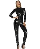 Dessous Frauen,Catwomen Jumpsuit PU Leder Damen,Damen Wetlook Jumpsuit,Overall Slim Fit Catsuit,Nachtwäsche Clubwear Tanzparty Kostüm Kostüm, mit Front Reißverschluss (Schwarz, XL)