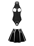 FEESHOW Damen Wetlook Catsuit Ouvert Brustfreier Body Lackleder Rock Set Reizwäsche Offener Schritt Brüste Erotische Wäsche Schwarz M