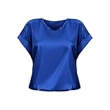 Satin Bluse Für Damen Kurzarm Glänzend T-Shirt Rundhals Lockere Top Karneval Kostüm Disco Outfit Passform Elegantes Fasching T-Shirt Sommer-Seidenblusen Business Freizeit & Arbeitskleidung Blau