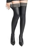 comeondear PU Leder Strümpfe Damen Halterlos Sexy Overknee Stockings Kniestrümpfe Große Größen Oberschenkel Hohe Lederstrümpfe Wetlook Festisch Dessous Clubwear Rave Outfit Stay Ups Schwarz,3XL-5XL