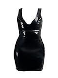 Rubberfashion Latex Mini Kleid - Latexkleid kurz - Arm frei mit Trägern und V-Ausschnitt - sexy Frauen Kleider für Damen schwarz 0.4mm M