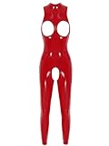 FEESHOW Frauen Lackleder Body Wetlook Catsuit Brust Und Schritt Offen Jumpsuit Latex Rubber Gummi Ganzanzug Party Clubwear A_Rot XL