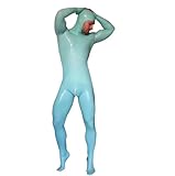 TIANXIAOQWE Latex Catsuit Herren Ganzkörper Gummi Gesicht Entry Catsuit Attached Socken mit Schritt Reißverschluss Übergröße, hellblau, 3XL