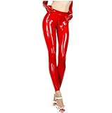 Rvlaugoaa Damen Sexy Leggings Latex Trousers mit Reißverschluss Glänzend Kautschuk Hosen Handgefertigt Wet Look Latexhose Leggings (Rot,S)