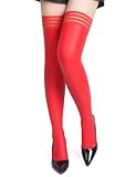 comeondear Overknee Strümpfe Damen Halloween PU Leder Sexy Stockings Halterlose Kniestrümpfe in Wetlook Optik Große Größen Lederstrümpfe Oberschenkel Hohe Fetisch Dessous Strapsstrümpfe Rot,L-XXL