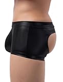 ohyeahlady Sexy Boxershorts Herren mit Öffnung PU Leder Unterwäsche Erotische Shorts Große Größen Sissy Dessous Reizwäsche Wetlook Männer Shiny Gay Pouch Underwear Rave Clubwear Reizwäsche Schwarz L