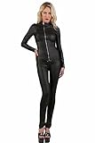 MISS NOIR Damen Overall im Wetlook S-3XL Sexy Jumpsuit Catsuit mit Reißverschlüsse Party Clubwear, Schwarz (20750-BK), M