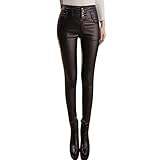 Kolylong® Damen Kunstleder Leggings High Waist Leggings Hose Strumpfhosen Treggins Leggins Kunstleder Leggings Leder Look Hüfthoch Jogginghose mit Knöpfe und Taschen Strumpfhosen Sporthose