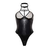 GIVTULIP Damen Sexy Body Dessous Bodysuit Reizwäsche Lingerie Unterwäsche Oberteile Babydoll mit Tiefer V-Ausschnitt Leder Catsuit Ouvert mit Reißverschluss Wetlook Jumpsuit Dessous Negligee Outfit