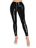 FEESHOW Damen Glänzend Leder Leggings High Waist Mit Reißverschluss Im Schritt Ouvert Shiny Lackoptik Hose Skinny PU Leder Strumpfhose Schwarz M