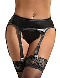 ohyeahlady PU-Leder Strapsgürtel Breit Übergröße mit 6 Halter Damen Wetlook Strumpfhalter für Frauen Sexy Strapsen Dessous Set Große Größen Unterwäsche Strapsen Halter Curvy Strumpfgürtel Schwarz,3XL