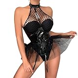 Gatamiau Dessous Frauen Wetlook Bodysuit aus Mesh Leder Sexy Lackleder Unterwäsche Teddy Lingerie Ärmellos Reißverschluss Body Clubwear mit abnehmbaren Strumpfhaltern Minirock (Schwarz, S)