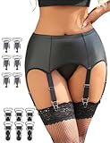 sunshinelady Strumpfhalter Damen Sexy Leder Strapsgürtel mit 6 Halter Große Größen Wetlook Strapshalter Metallclips Ersatz Dessous Strapsen Set Curvy Unterwäsche mit Tanga Garter Belt Schwarz,XL