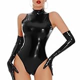 CHILIRIA Damen Latex-Bodysuit Schwarz PU-Leder-Dessous-Set Sexy Nasse Optik PVC-Catsuits Rave-Outfits Leotard Katzenanzug, Schwarz, XL