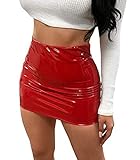 Miolasay Damen-Minirock, Neon-Leder, figurbetont, sexy, glänzend, flüssig, metallisch, Wetlook, Latexrock, Party, Clubwear, rot, 48