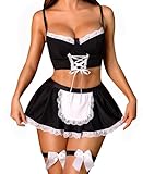 RSLOVE Damen Dessous Sets Kostüm - Sexy Maid Outfit Unterwäsche Negligee Kleid für Cosplay Schwarz S