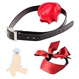 BDSMJOY Neu BDSM Silikon Ball Gag Zungenfixierung Knebel Mund Extrem,mit Satin Augenmaske SM Augenbinde,Einstellbar Ballknebel Mundknebel SM für Frauen,Fetisch Sklavin Bondageset Fessel Set (Rot)