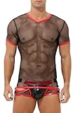 Herren T-Shirt Netz transparent mit Lack Leder Optik Männer Unterhemd Kurzarm Unterwäsche Stretch Clubwear Outfit (DE/NL/SE/PL, Alphanumerisch, L, Regular, Regular, Rot-Schwarz)