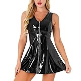 PARUPRUP Damen Lederkleid Wetlook Kurz PU Minikleid mit Rüschen Sexy Kleid Damen Dessous mit Reißverschluss Partykleid Clubwear Breite Träger Große Größen (Schwarz, L)